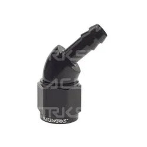 Raceworks 45DEG Barb Fitting Female AN-6 to 1/4IN | RWF-412-06-04BK