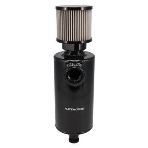 Raceworks 1L Round Catch Can with AN-12 ORB Port, part ALY-246BK