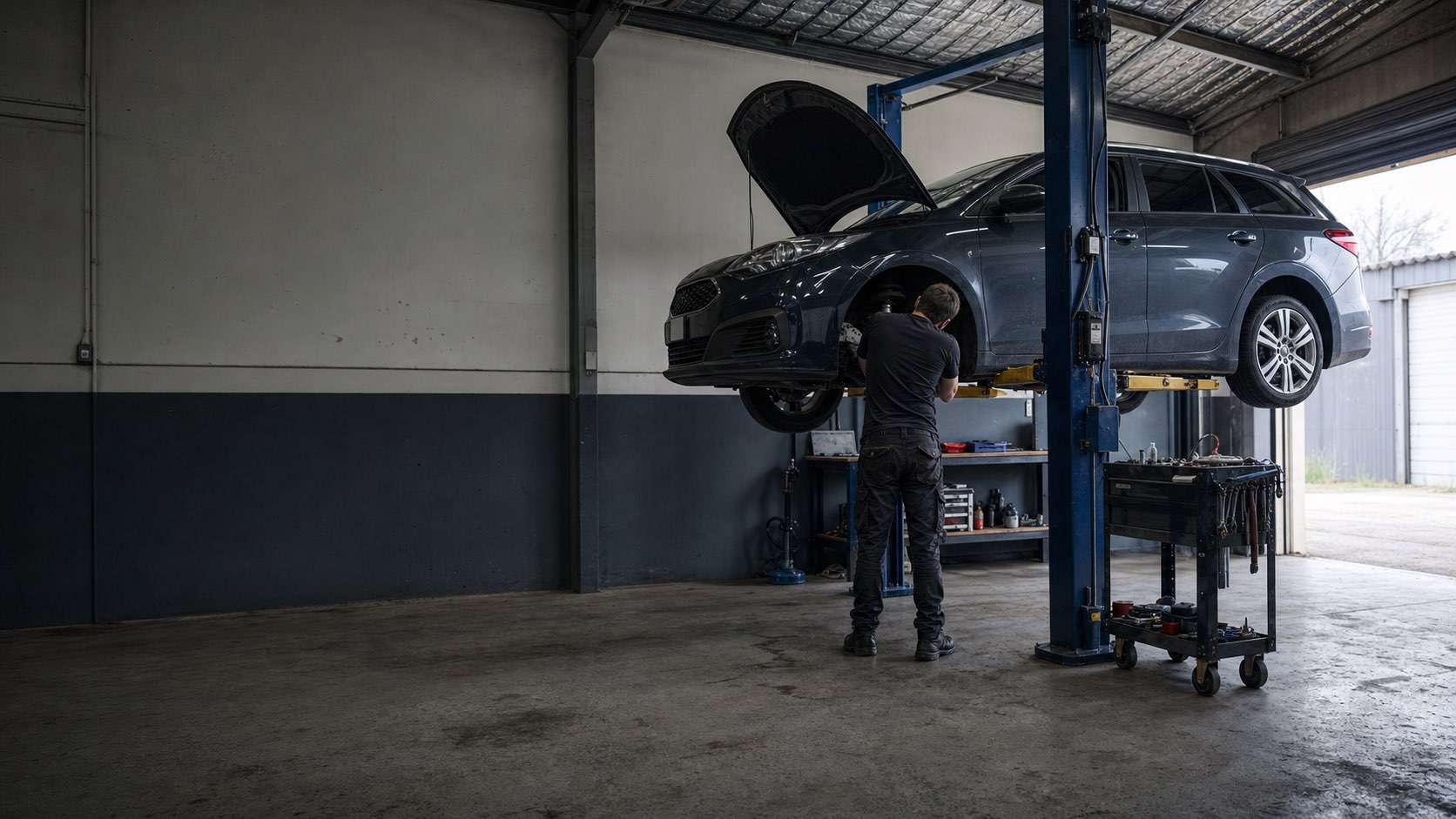 Mechanic inspecting a passenger car in a working service bay